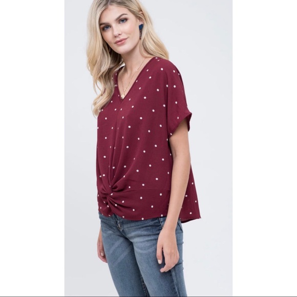 Polka dot bottom twist blouse in burgundy - Picture 2 of 4